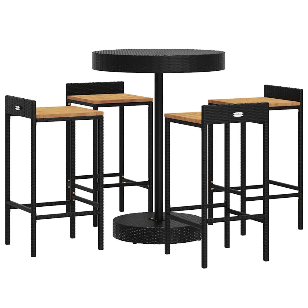 Set Bar Giardino 5 pz | Set Salotto da Giardino Nero Polyrattan e Legno Massello Acacia
