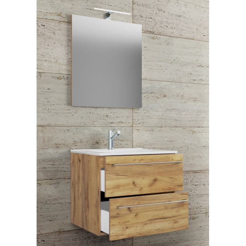 Completo di Ezooza Mobile Sospeso con 2 cassetti Large con lavabo in ceramica di alta qualità e specchio, Rovere miele ,