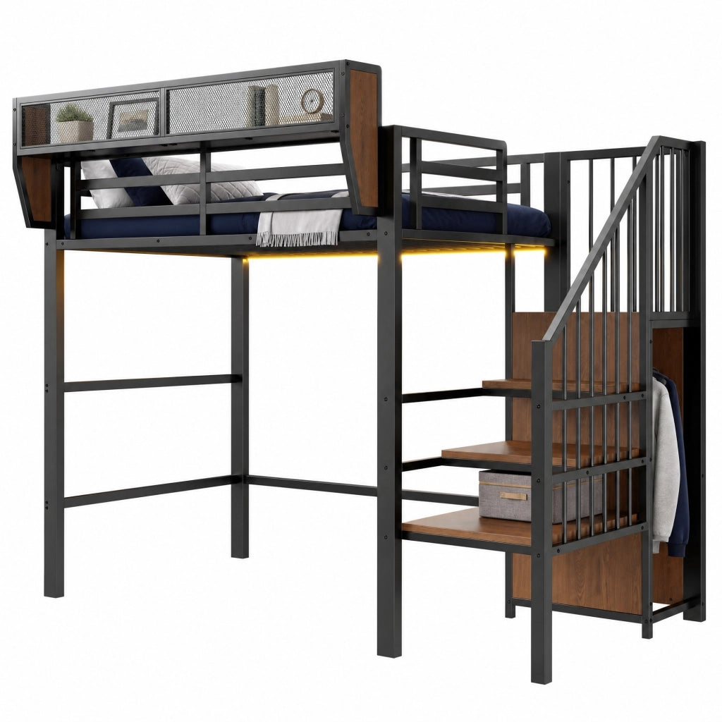 Hochbett metallico 90x200 cm con LED, scala di sicurezza e ripiani flessibili, struttura nera