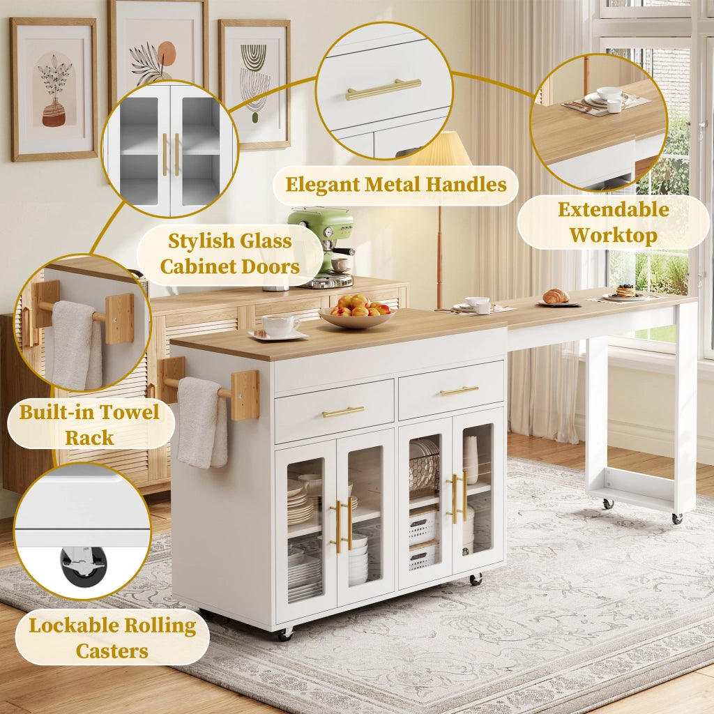 Carrello da cucina con piano estraibile, 2 cassetti, 2 ante in vetro, per cucina, in MDF bianco, 132,5-217 × 50 × 93 cm