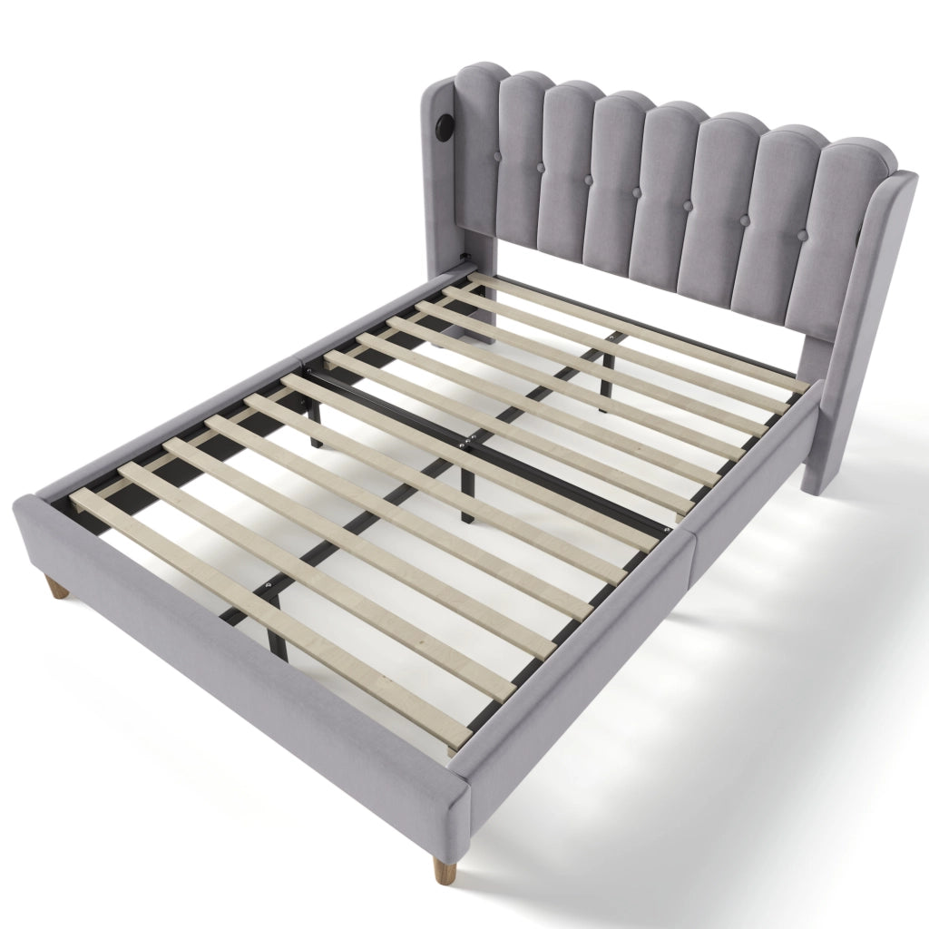 Letto imbottito matrimoniale 140x200 cm con ricarica USB e Tipo C, testiera in tessuto grigio, struttura con rete a doghe