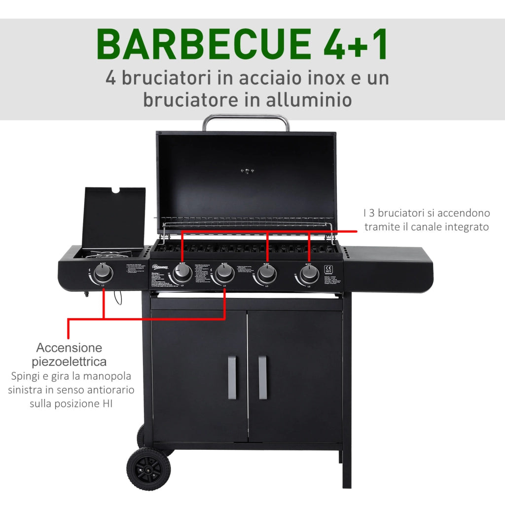 Barbecue a Gas 5 Fornelli con Ripiani e Armadietto ¨C Zephmum ¨C Acciaio e PP, 125x51x100 cm, Nero