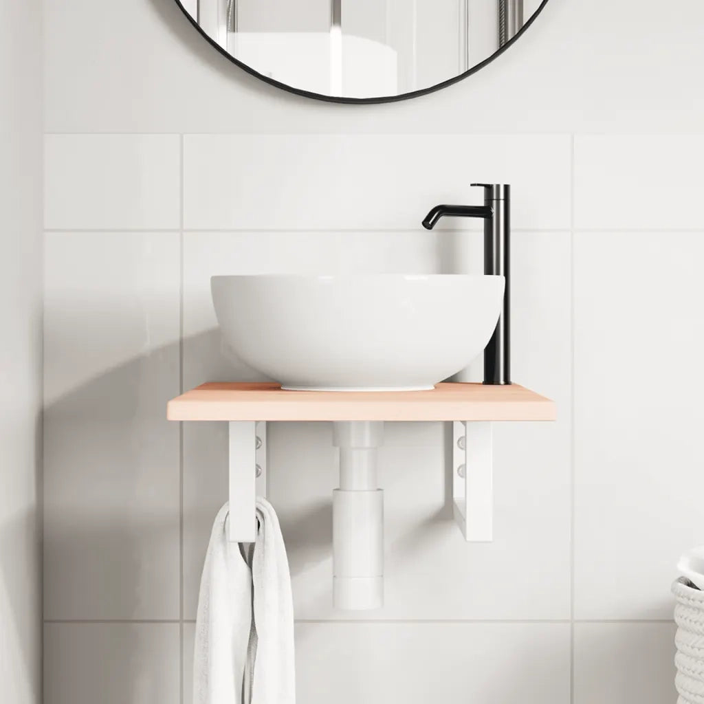 Ripiano a Parete per Lavabo in Acciaio e Massello di Rovere