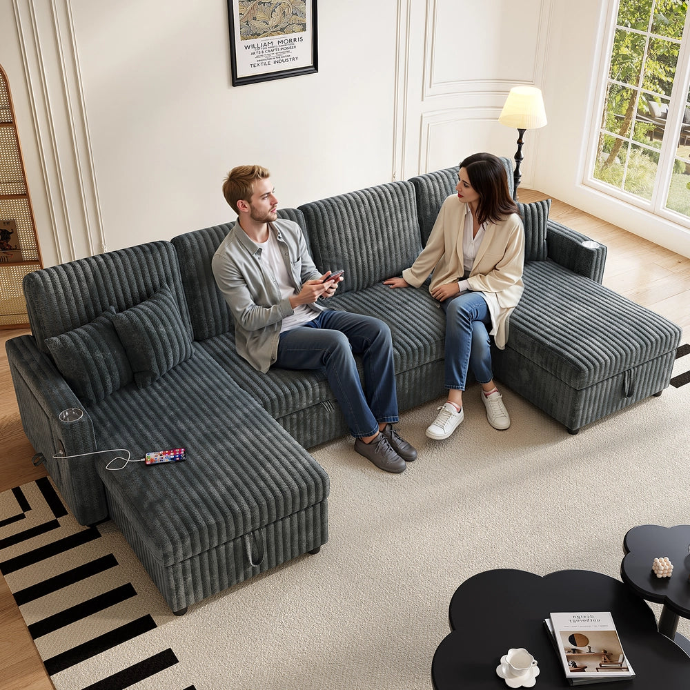 Divano letto modulare ¨C Minimal ¨C Grigio tessuto velluto a coste con contenitore
