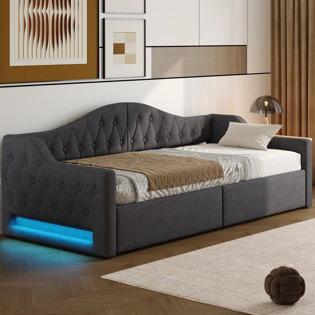Letto 90x200 cm con contenitore e LED in MDF; multistrato e imbottito grigio
