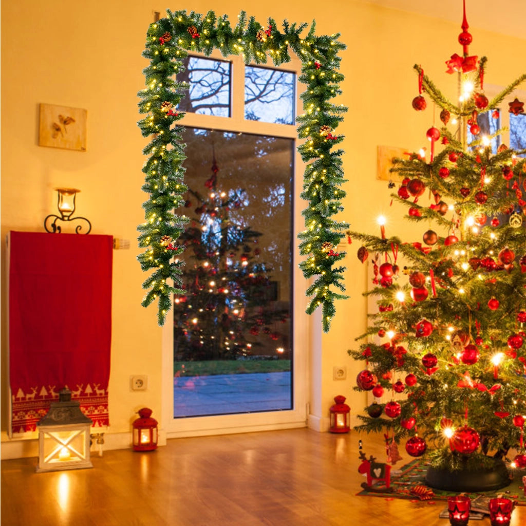 Ghirlanda di Natale di pino illuminata 270cm con 100 luci LED e timer, Ghirlanda artificiale in rattan con pigne-Decorazioni natalizie