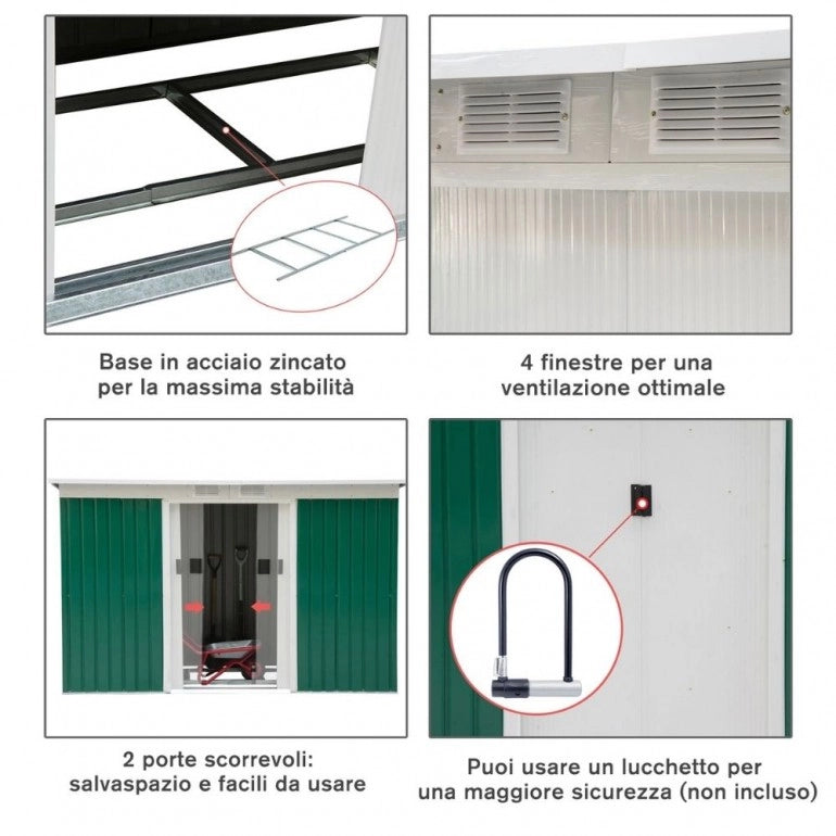 Casetta Porta Atrezzi da Giardino in Metallo Ezooza 277 x 130 x 173 cm in Lamiera di colore Verde