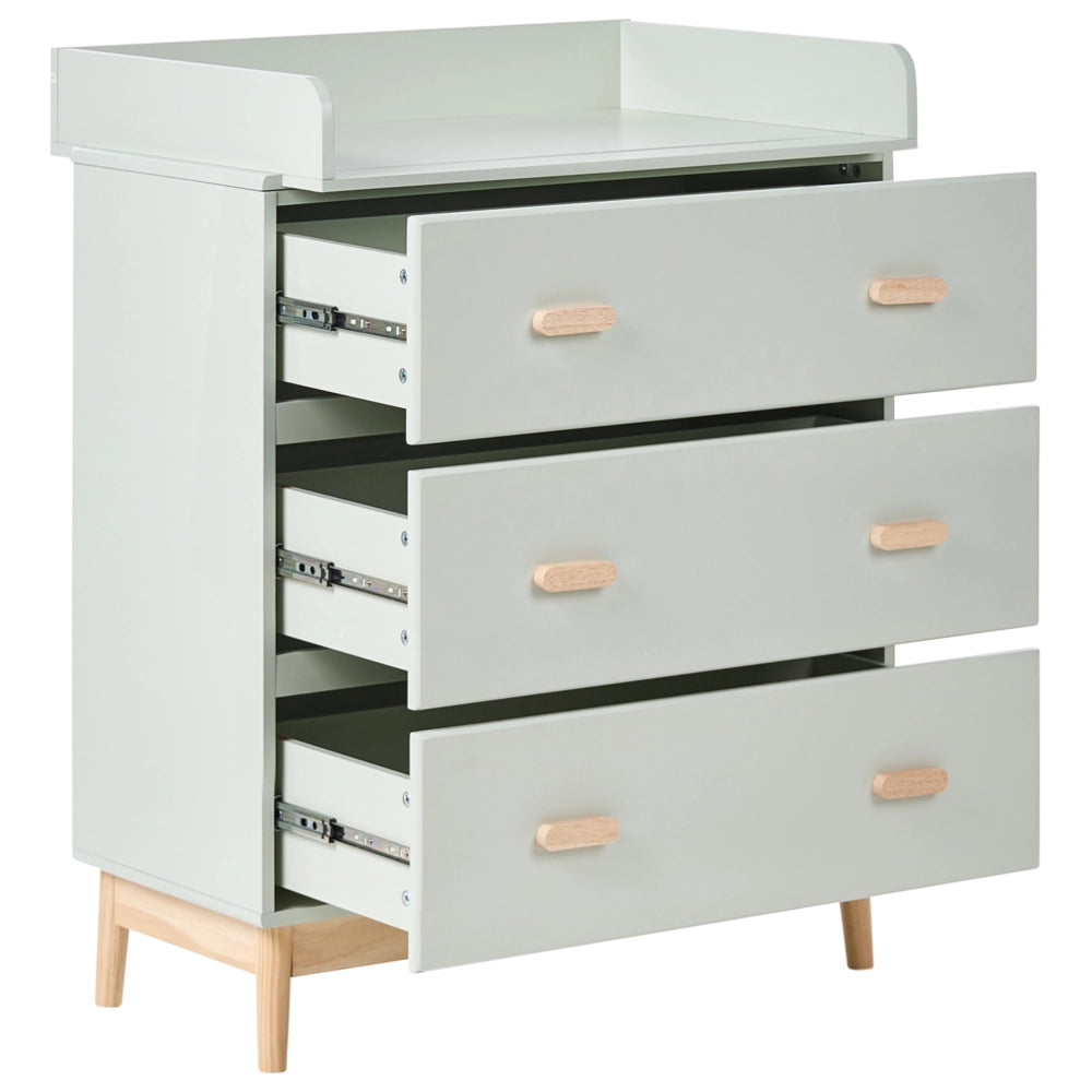 Fasciatoio Comò Leggermente verde MDF Gambe in legno di pino con cassetti Contenitore per cameretta dei bambini