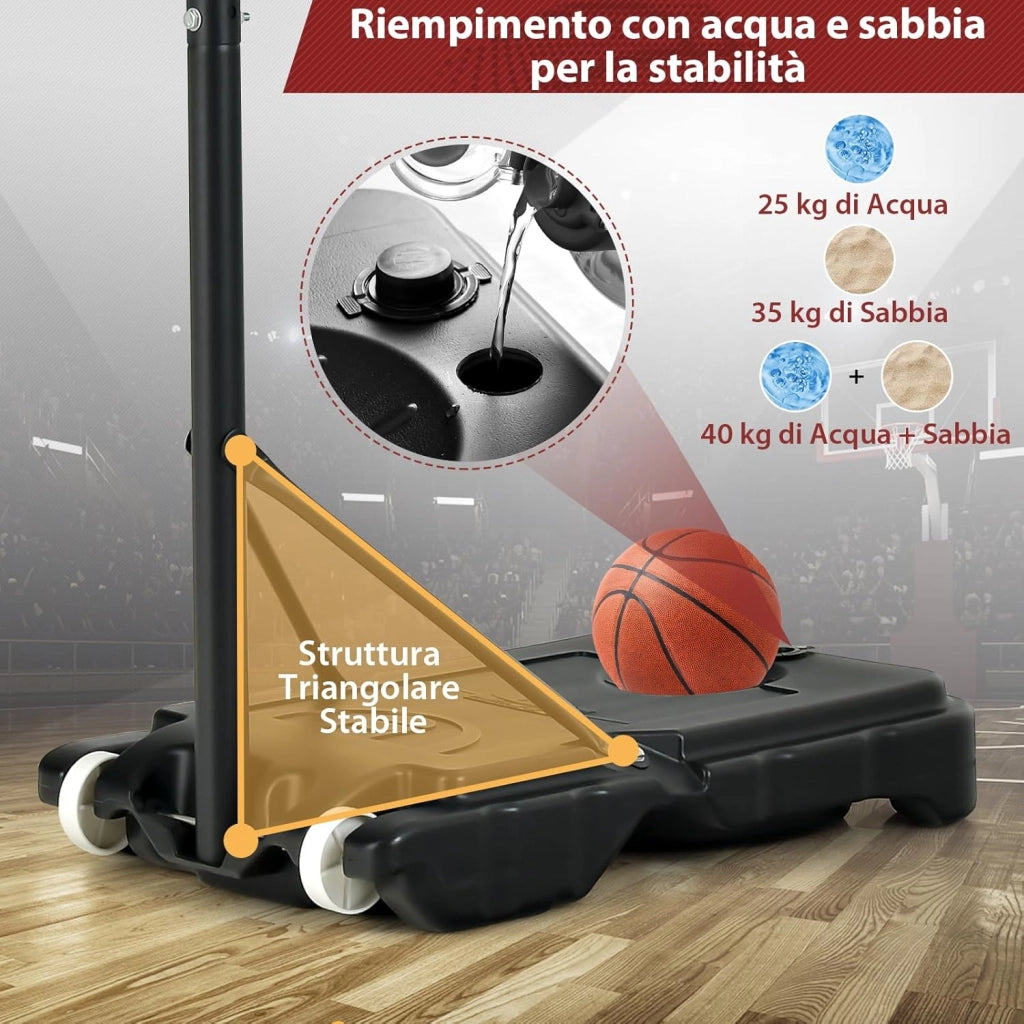 Canestro Basket da Interno ed Esterno Portatile e Regolabile in Altezza 90-210cm, Canestro da Basket per Bambini con Ruote, Incavo per Pallone e Tabellone Infrangibile
