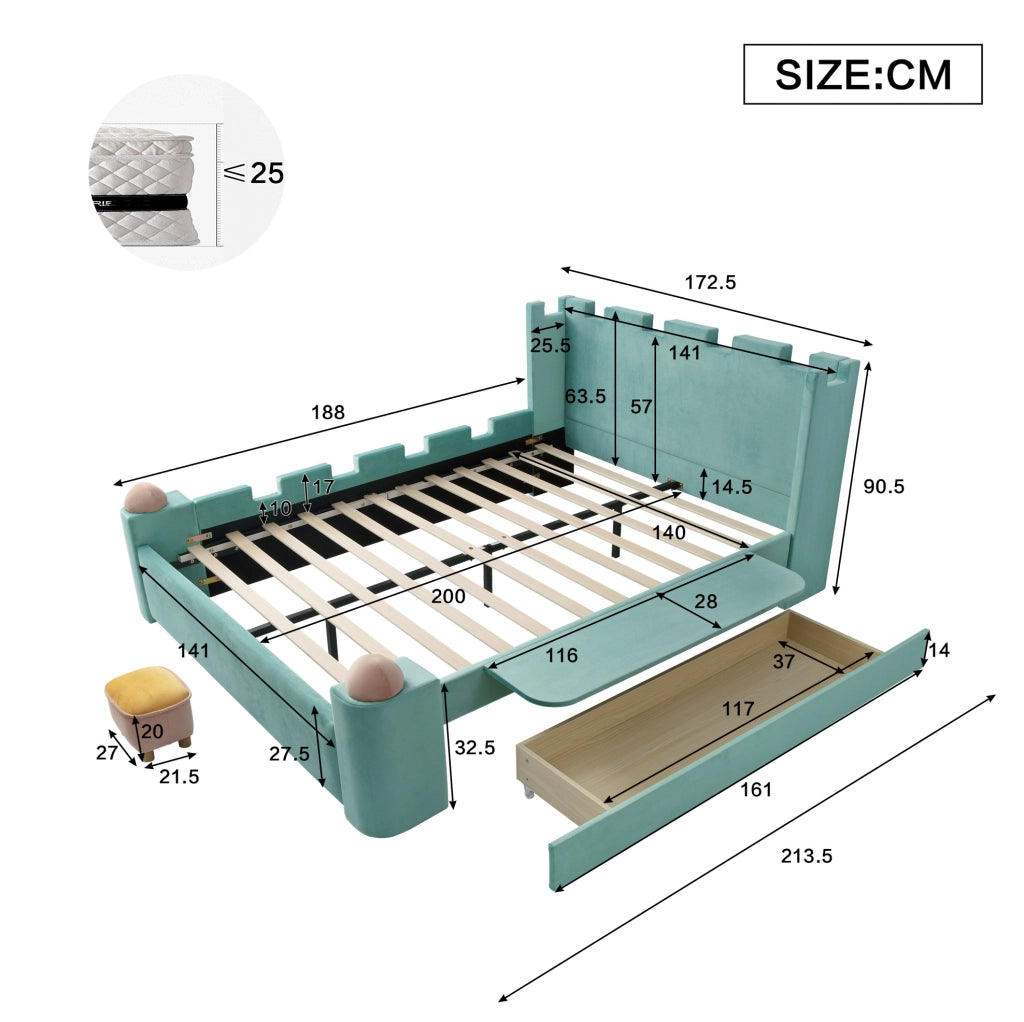 Letto imbottito per bambini 140x200 cm con cassetto contenitore e ripiano pieghevole