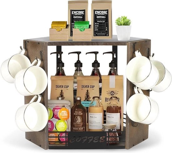 Organizzatore per caffè a 2 livelli per ufficio domestico - Bar caffè multifunzionale e appendi tazze con 12 ganci