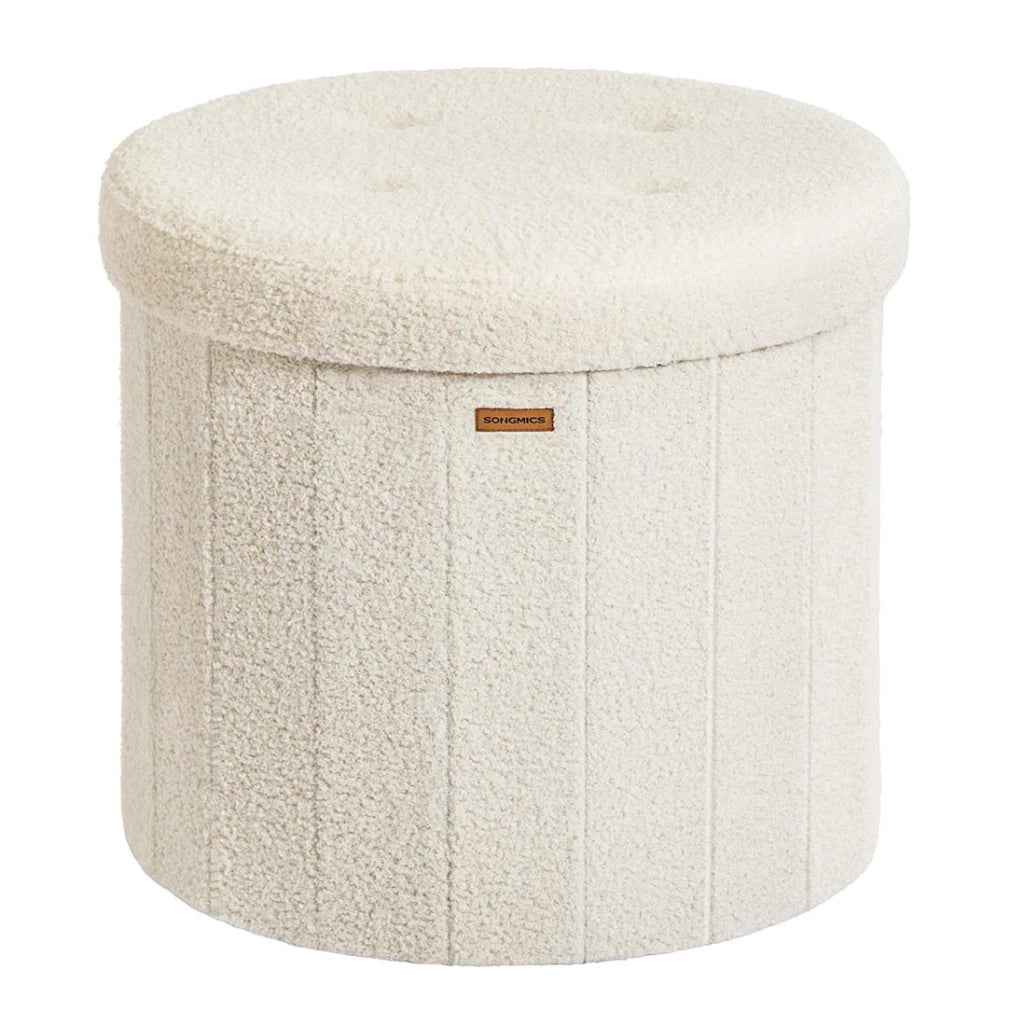 Sgabello/poggiapiedi rotondo con coperchio rimovibile 46 x 45 cm pieghevole facile da montare tessuto felpato per camera da letto soggiorno corridoio bianco crema 12_0006350