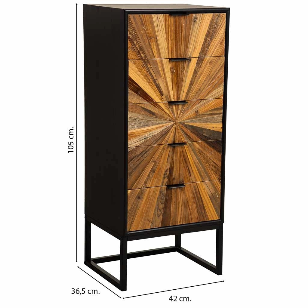 Cassettiera in legno di recupero nero con 5 cassetti, 42x36,5x105h cm