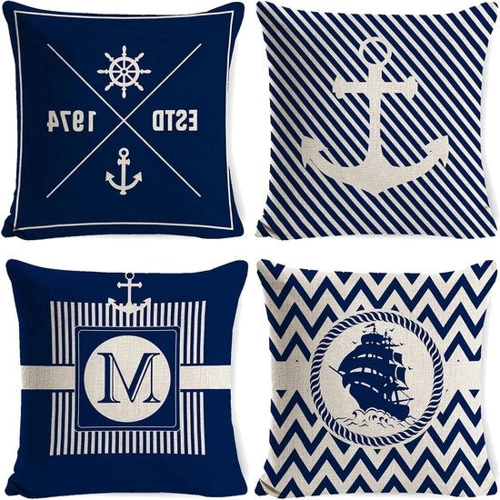 Cuscini esterni nautici - Set da 4 pezzi, 45 x 45 cm. Design marino per barche e interni di sala da pranzo.