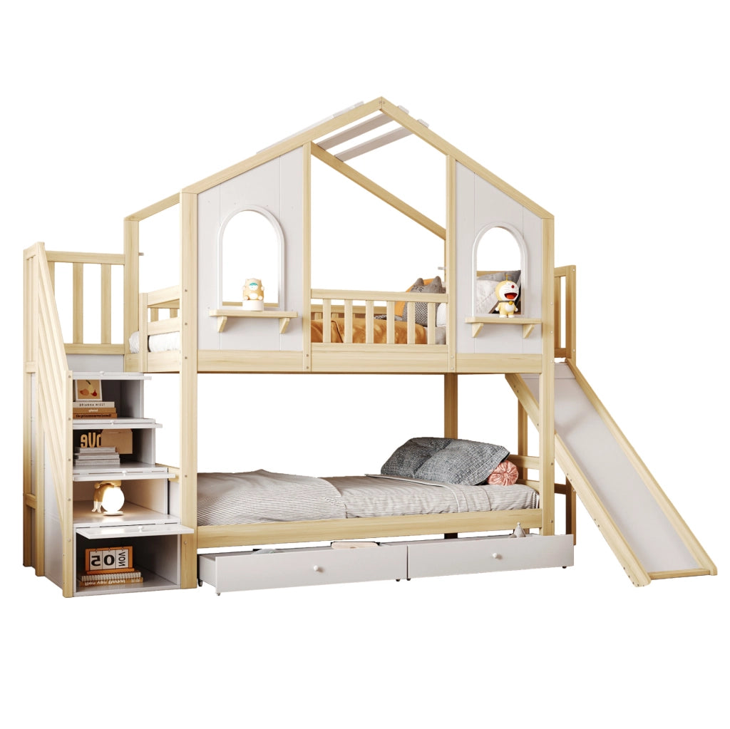 Letto a castello per bambini 90x200 cm a forma di casetta; con scivolo; scala contenitore e cassetti; naturale e bianco