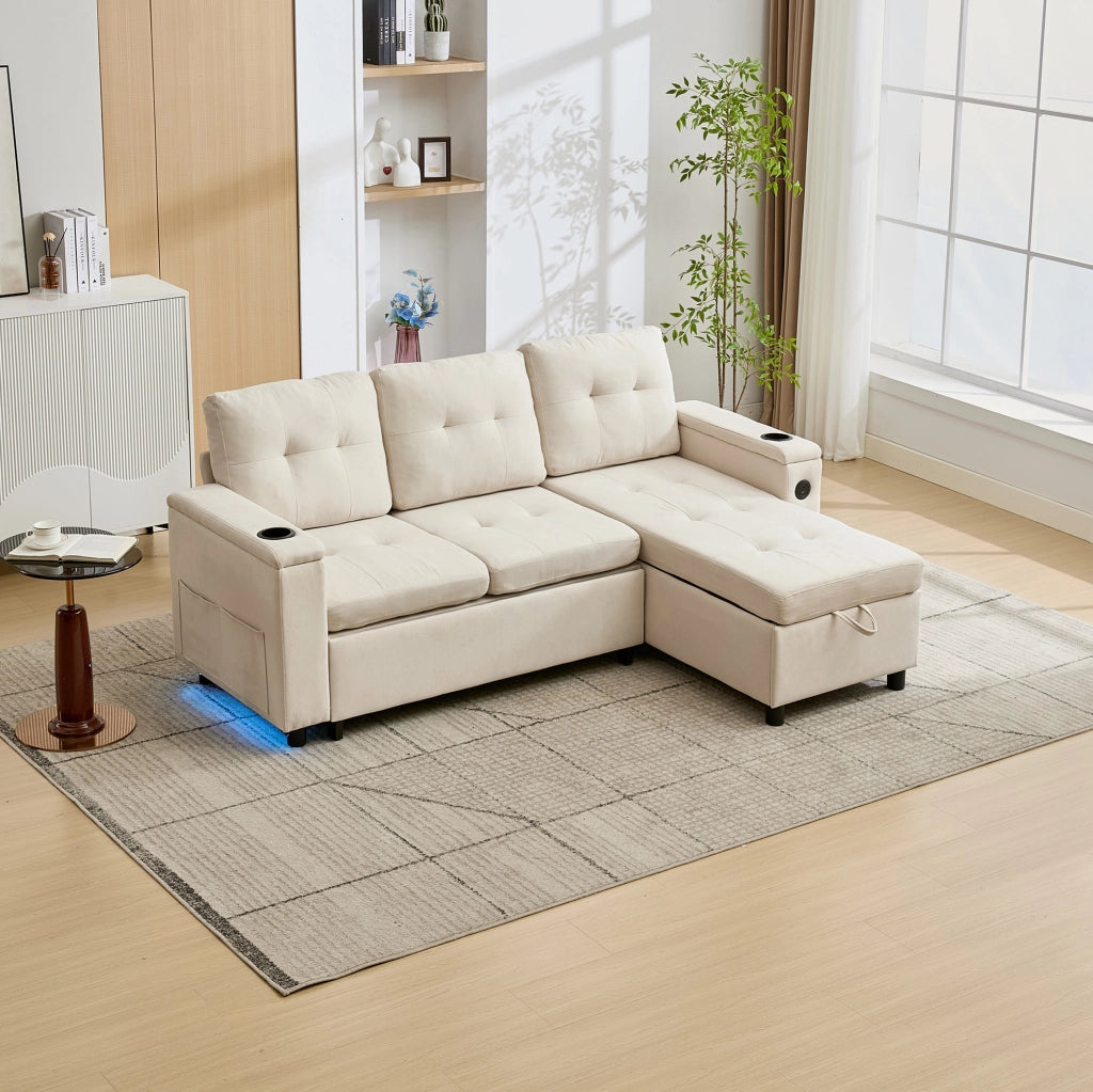 Divano letto pieghevole beige con LED, USB-C e contenitore