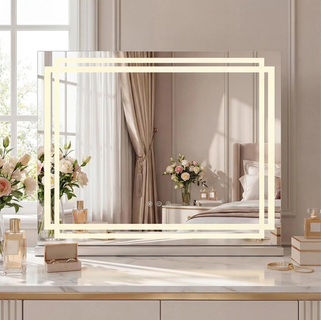 Specchio da Trucco Hollywood con Luci, 58x43cm, Specchio Illuminato da Tavolo con 3 Colori e Luminosità Regolabile, Controllo Tattile per Camera da Letto e Camerino
