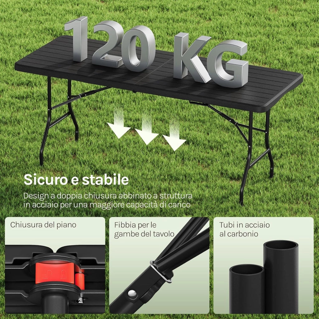 Tavolino Pieghevole Rettangolare, 180x74x74 cm, Tavolo da Esterno per 8 Persone, Richiudibile e Portatile per Giardino, Balcone e Campeggio, HDPE, Effetto Legno, Nero
