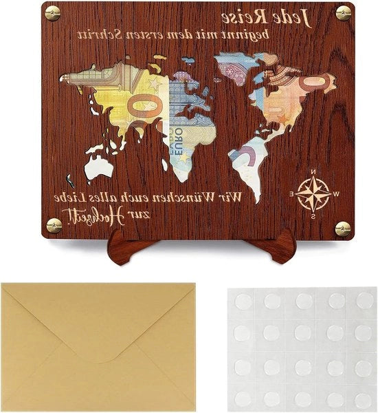 Regalo di denaro per matrimoni con 2 sostegni, 1 busta e 4 viti, disegno di mappa del mondo, perfetto per feste e compleanni