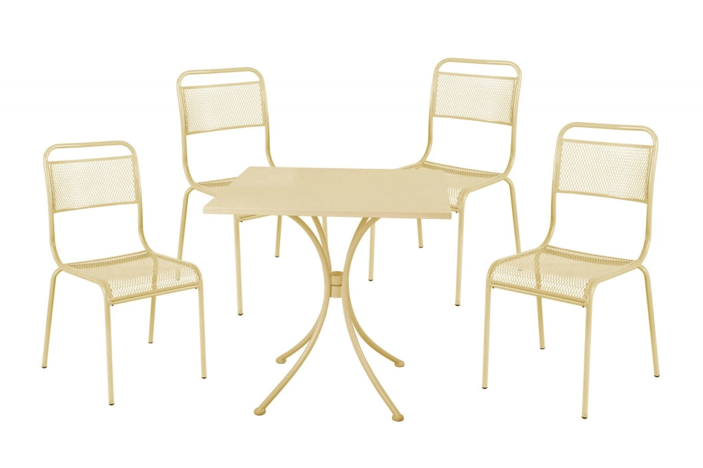 Set tavolo quadro 70cm con 4 sedie impilabili da esterno in metallo crema, Fredi Recam