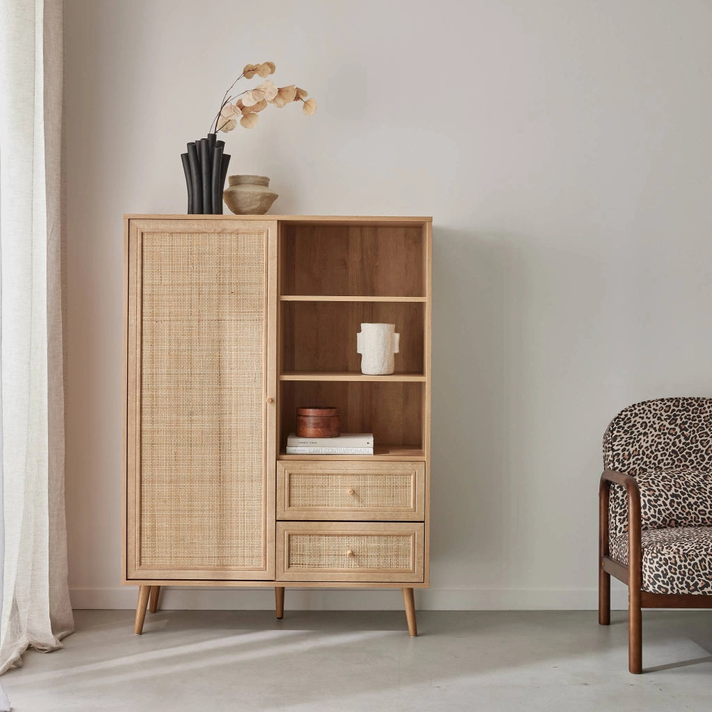 Credenza con decoro in canna e legno, 101.5cm, marrone naturale