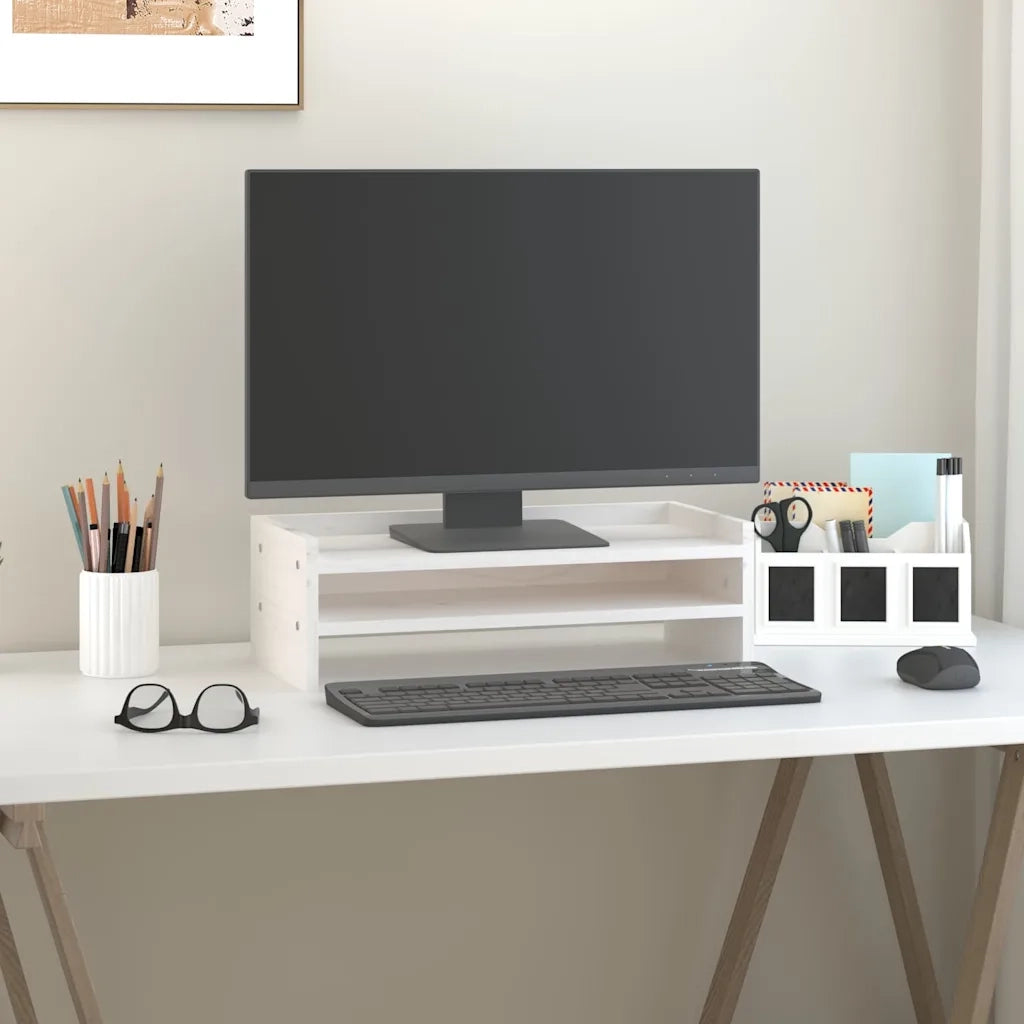 Supporto per Monitor Bianco 50x24x16 cm Legno Massello di Pino CFW8109348