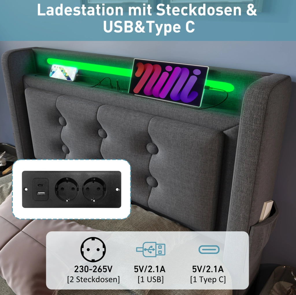 Letto contenitore 90 × 200 cm con LED; USB e USB-C; rete a doghe; grigio