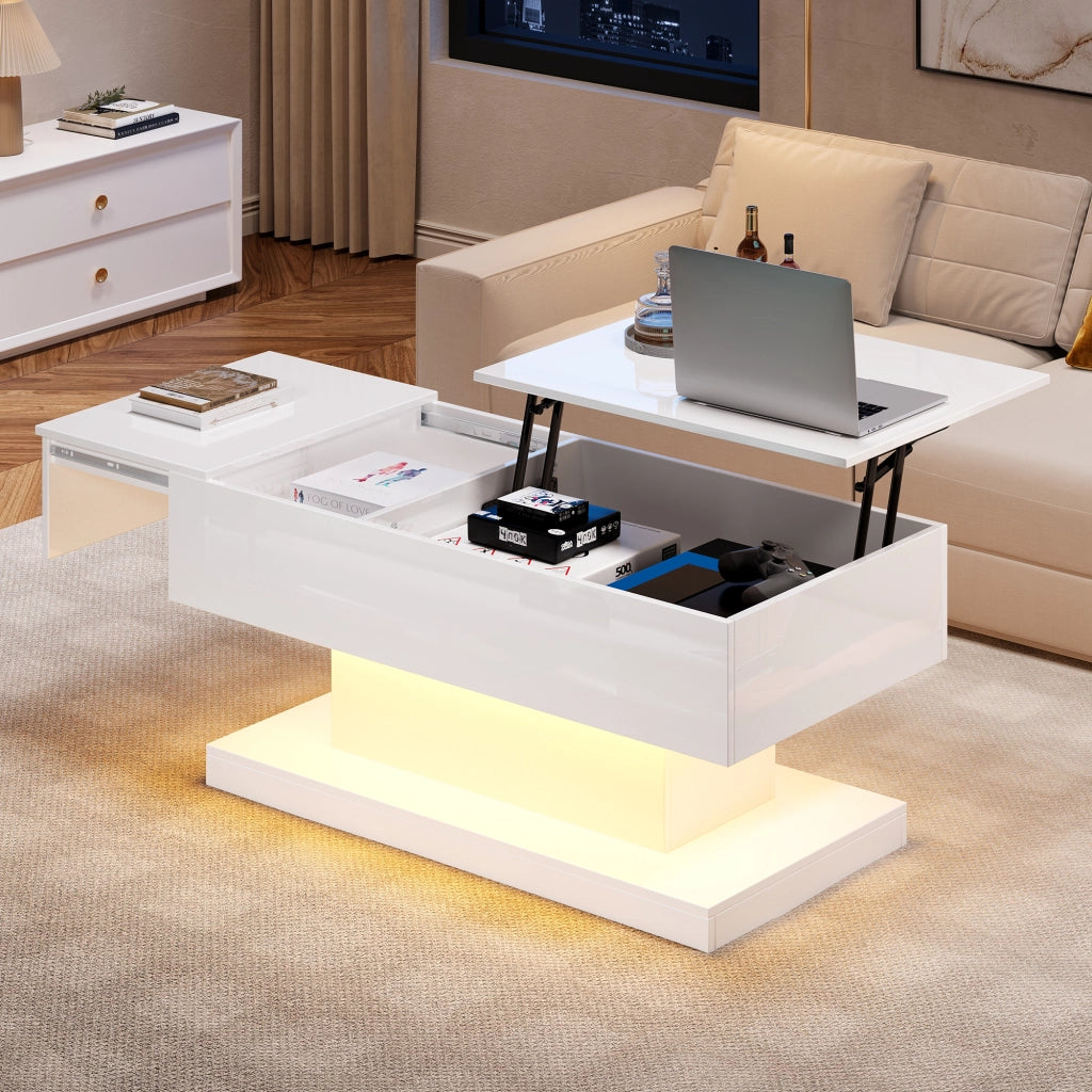 TAVOLO da caffè 100x50x45 cm bianco in pannello di legno con LED e sollevamento idraulico