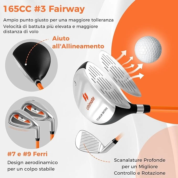 Set Completo di Mazze da Golf per Bambini, Inculude Fairway 3, Ferri 7 e 9, Putter, Copritesta, Borsa Portatile e Cappuccio Antipioggia, Set da Golf per Destrimano(Per 8-10 Anni)