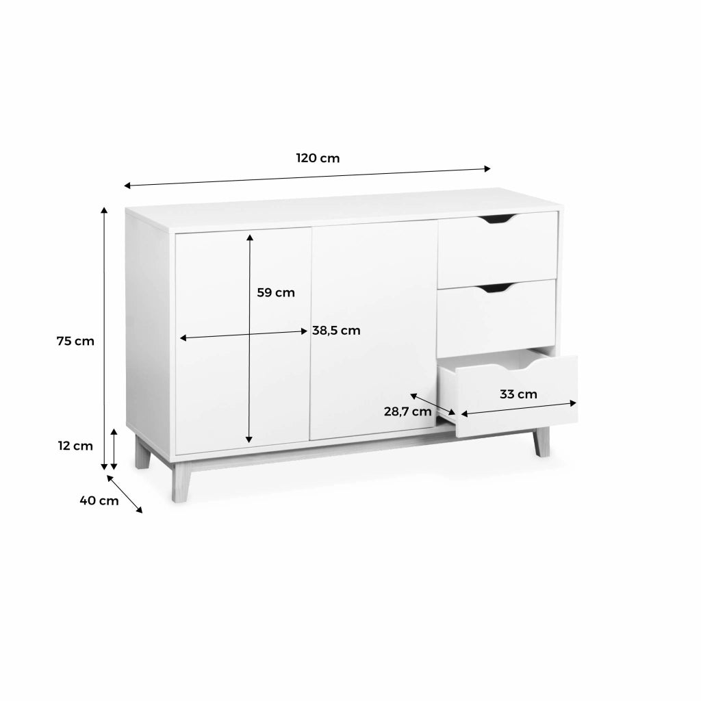 Credenza effetto legno con gambe in legno 2 ante, 120cm, bianco