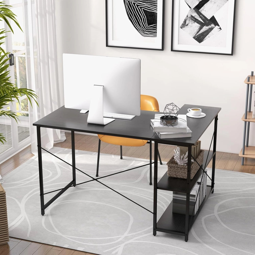 Scrivania Libreria da Ufficio a Forma di L, Scrivania ad Angolo con Scaffale a 2 Ripiani, Design Industriale con Ripiani Reversibili, per Casa, Ufficio, Soggiorno (Nero)