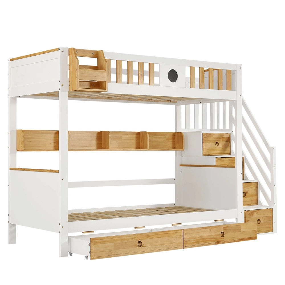 Letto a Castello con Cassetti e Ripiani ¨C MINIMAL ¨C Pino e MDF, Bianco/Naturale, 90x200