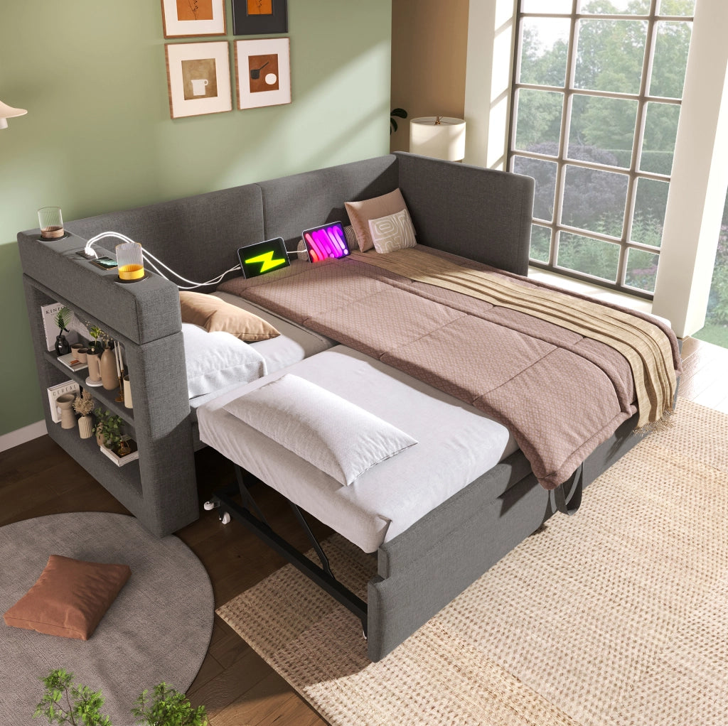 Divano letto con letto estraibile 90x200 cm; braccioli reversibili; USB e Type-C; grigio