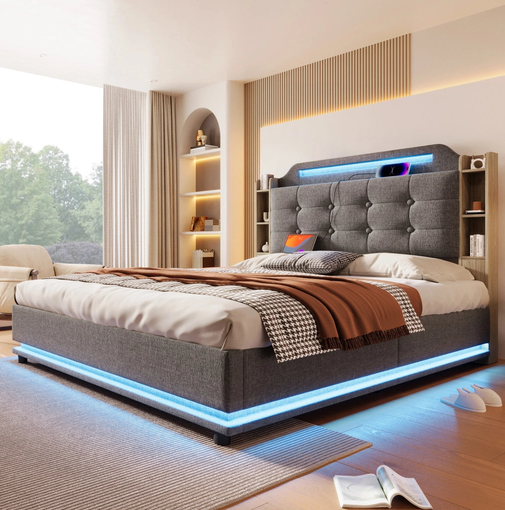 Letto imbottito 140×200 cm grigio con LED, vano idraulico, USB e Type-C