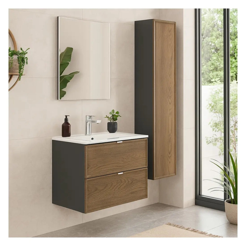 Insieme SAVIA: mobile sotto lavabo 60cm + lavabo da incasso bianco + colonna di contenimento