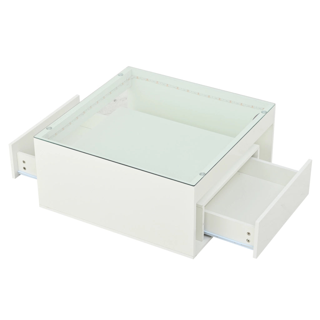 Tavolino da caff¨¨ 70 x 70 x 35 cm in MDF bianco con piano in vetro temperato, 2 cassetti, LED e portata 60 kg