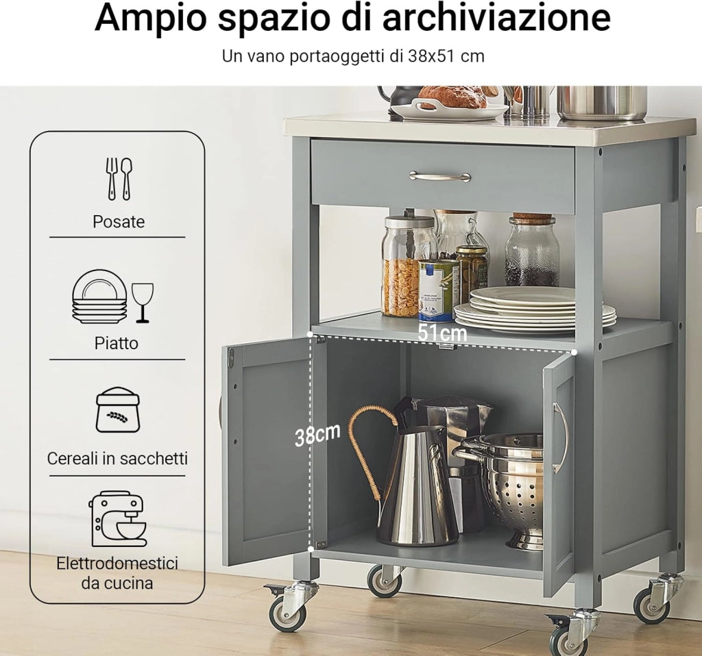 Carrello cucina salvaspazio con piano di lavoro – Mobile cucina con ruote, ideale come mobiletto cucina, credenza compatta o mobile microonde – Disponibile in Grigio 60x92x44cm FKW22-HG