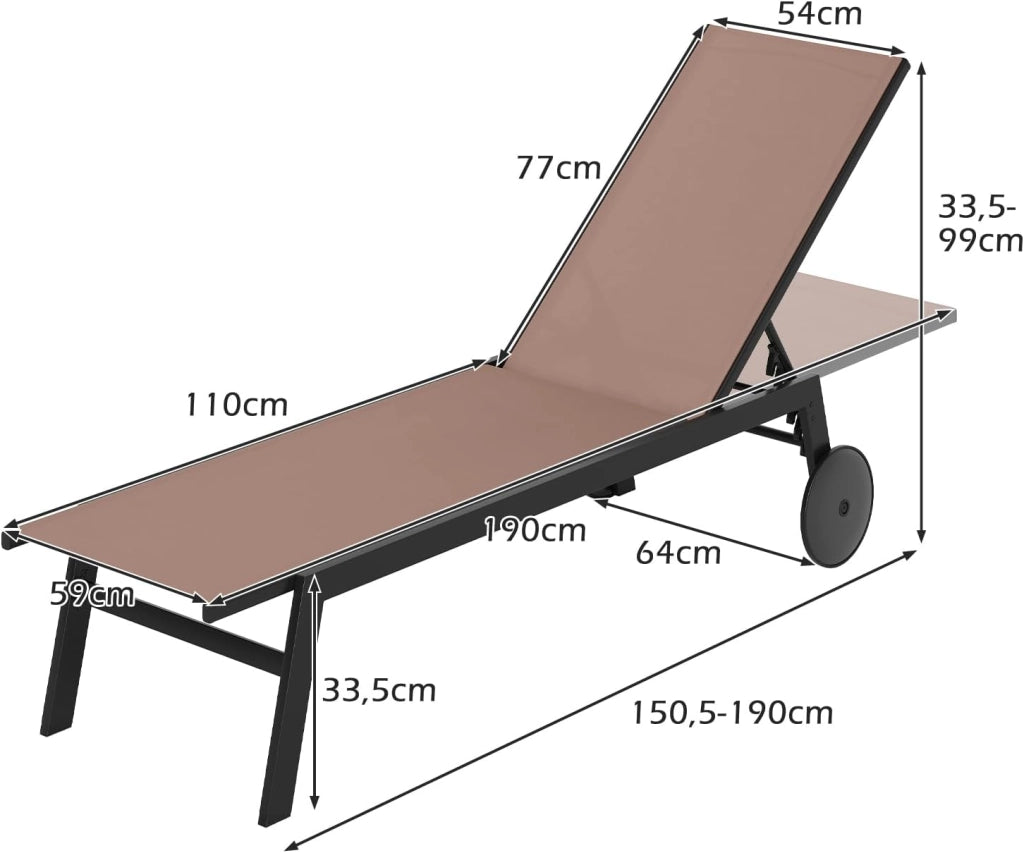 Set di 1/2 Sedie a Sdraio da Giardino con Ruote, Lettino Prendisole Reclinabile con Schienale Regolabile in 6 Posizioni, Lettino da Spiaggia in Tessuto e Metallo, Carico 150 kg (1, Caffè)