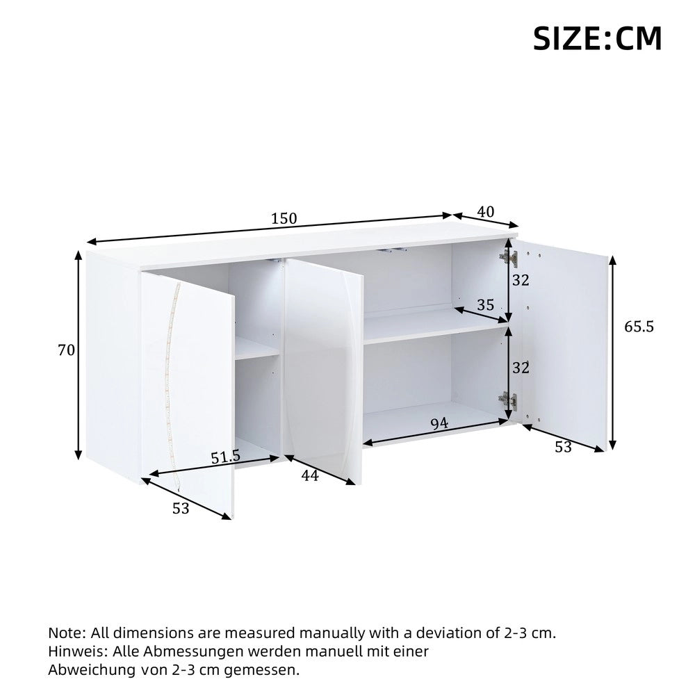 Credenza da Soggiorno con LED ¨C MINIMAL ¨C Bianco Lucido, Truciolato, 3 Ante, 150x40x70 cm