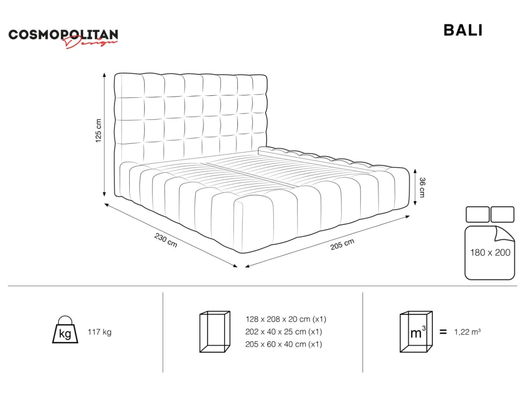 Cosmopolitan Design - Letto a cassettone con testiera "Bali" 180x200cm in velluto grigio 