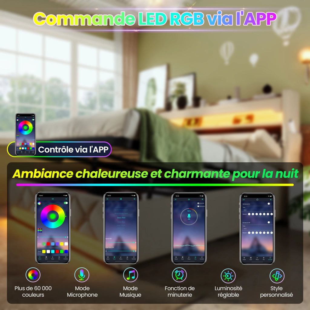OKWISH Letto Contenitore 140×200 cm, Letto Matrimoniale con LED 360°, USB, Tipo C e Testiera con Vano Portaoggetti, senza Materasso, Lino, Beige