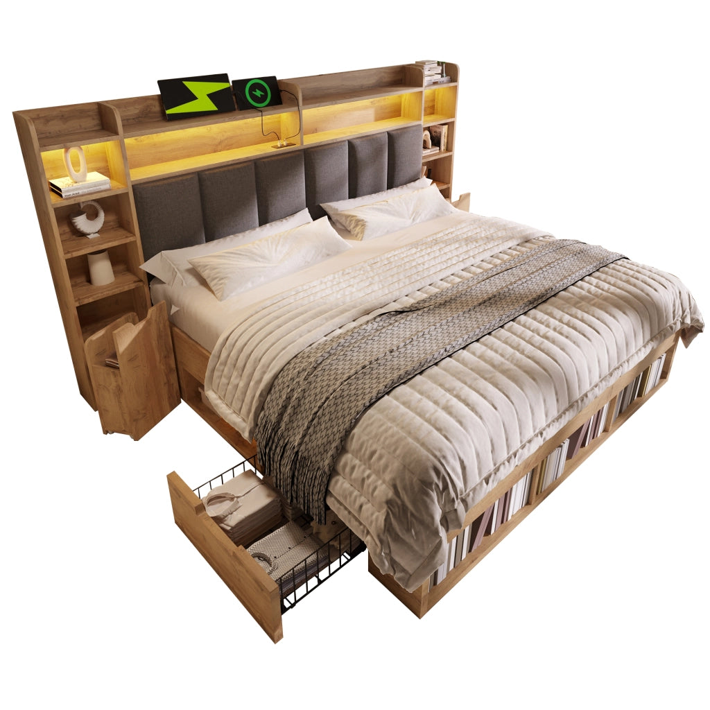 Letto matrimoniale 180 × 200 cm con illuminazione LED, porte USB e USB-C, contenitore e senza materasso