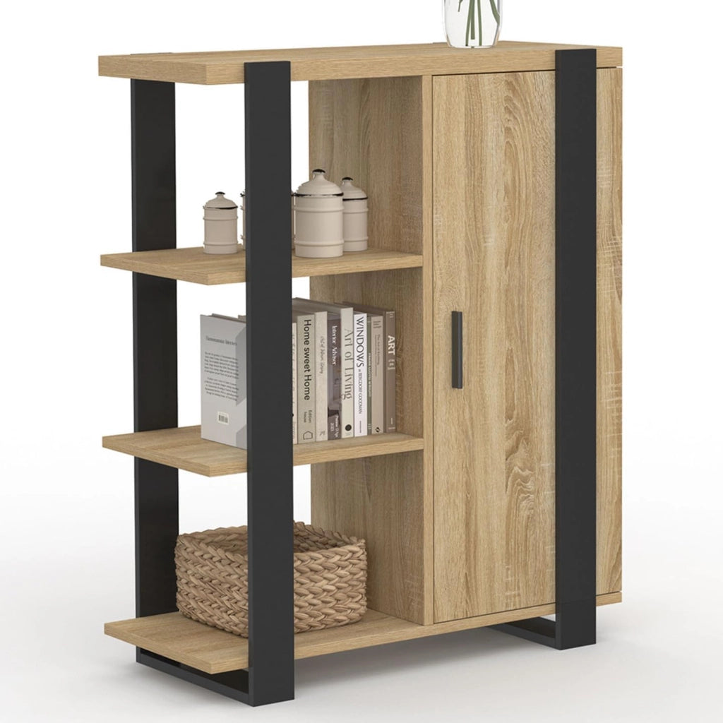 Credenza PHOENIX a 3 ripiani con armadio, 70 cm, legno e nero