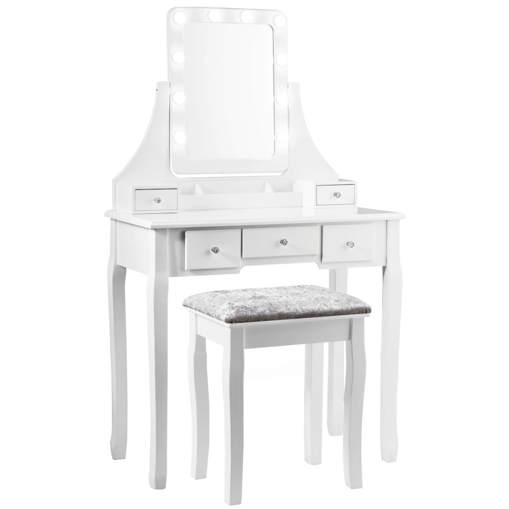 Set toeletta con specchio rettangolare e sgabello, Tavolo per truccarsi con 10 lampadine LED, Bianco-Tavoli da trucco