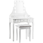 Set toeletta con specchio rettangolare e sgabello, Tavolo per truccarsi con 10 lampadine LED, Bianco-Tavoli da trucco