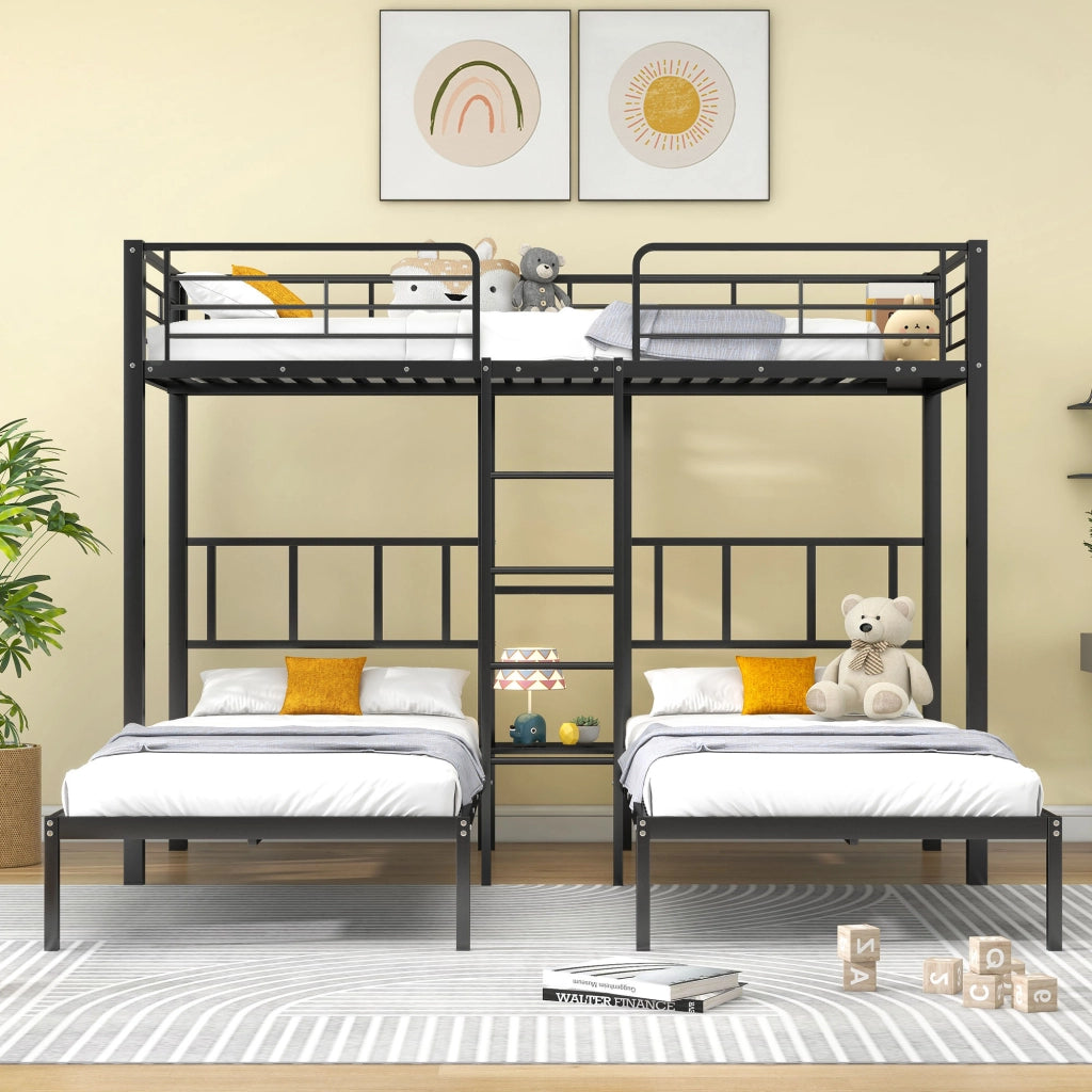 LETTO a castello triplo 90x200 cm Metallo Nero con scala e tavolo