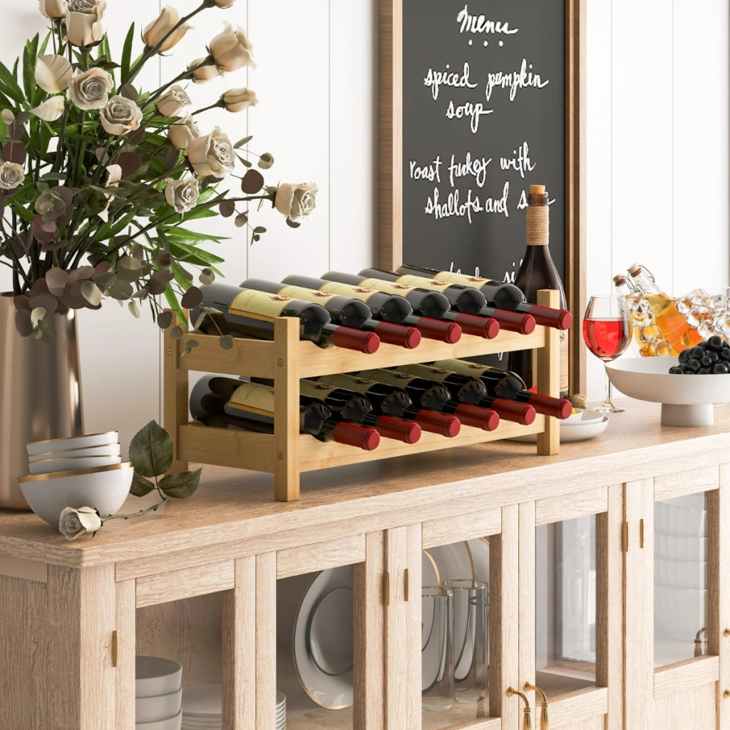Piccolo scaffale per vino in bamb¨´ a 2 livelli da 12 bottiglie-Porta bottiglie di vino indipendente da appoggio Legno naturale