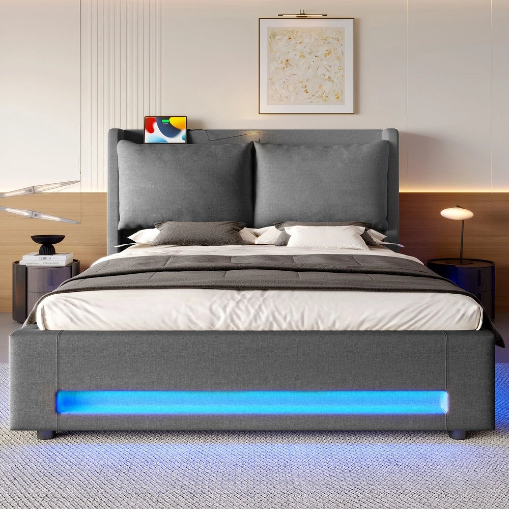 Letto Imbottito Contenitore con LED e USB-C ¨C Xylo ¨C Grigio Scuro 160x200