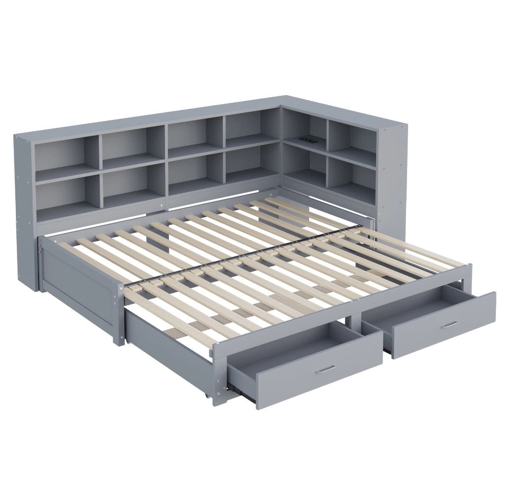 Letto singolo estraibile 90/180x190 cm con cassetti e prese multifunzione grigio