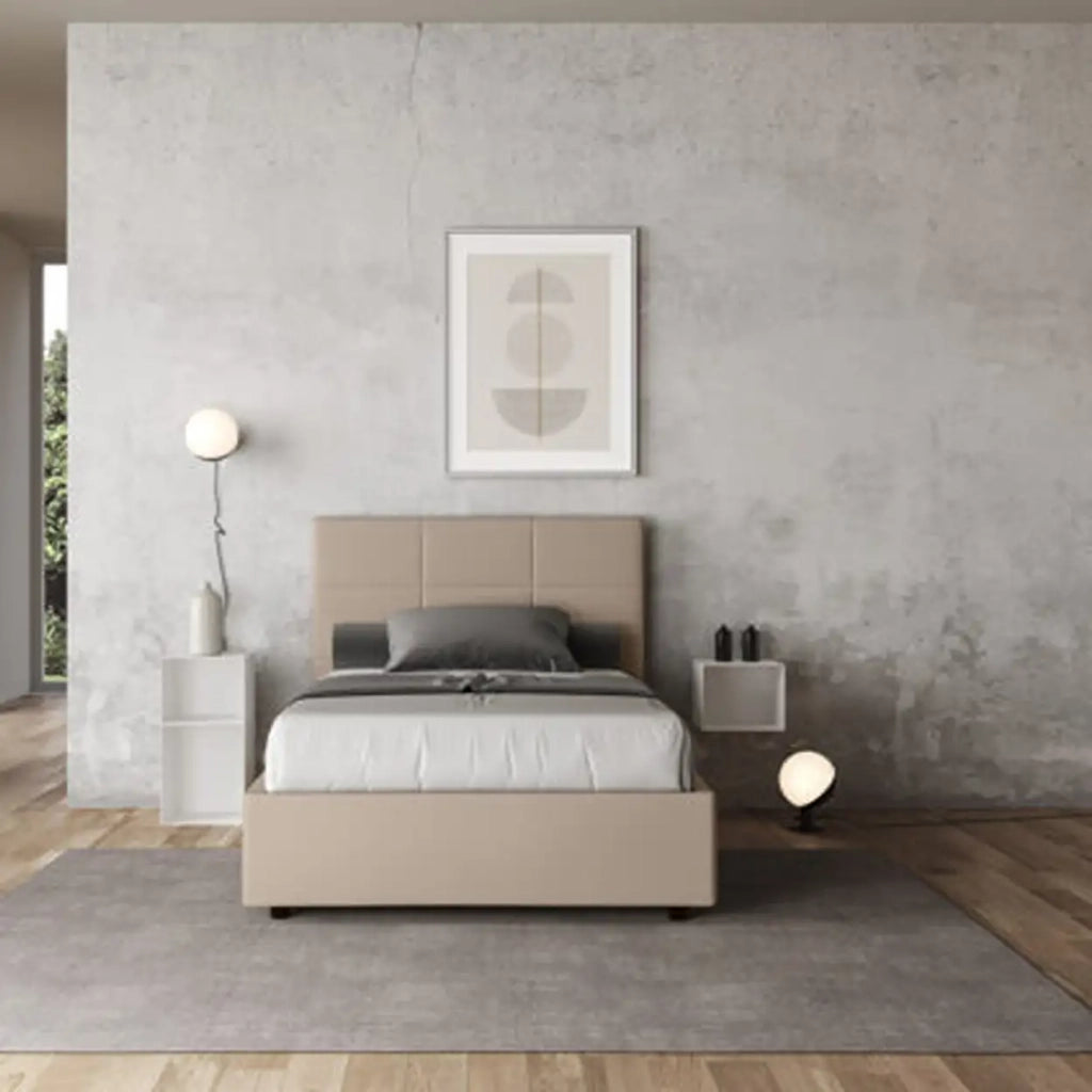 Letto matrimoniale francese con rete imbottito 140x200 similpelle tortora Mika